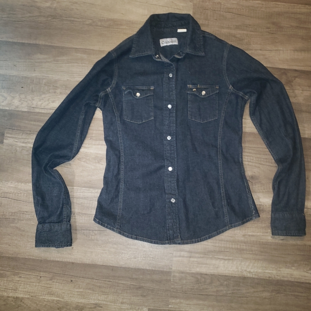 Womens Carhartt blue jean think flannel with snap buttons Size Small